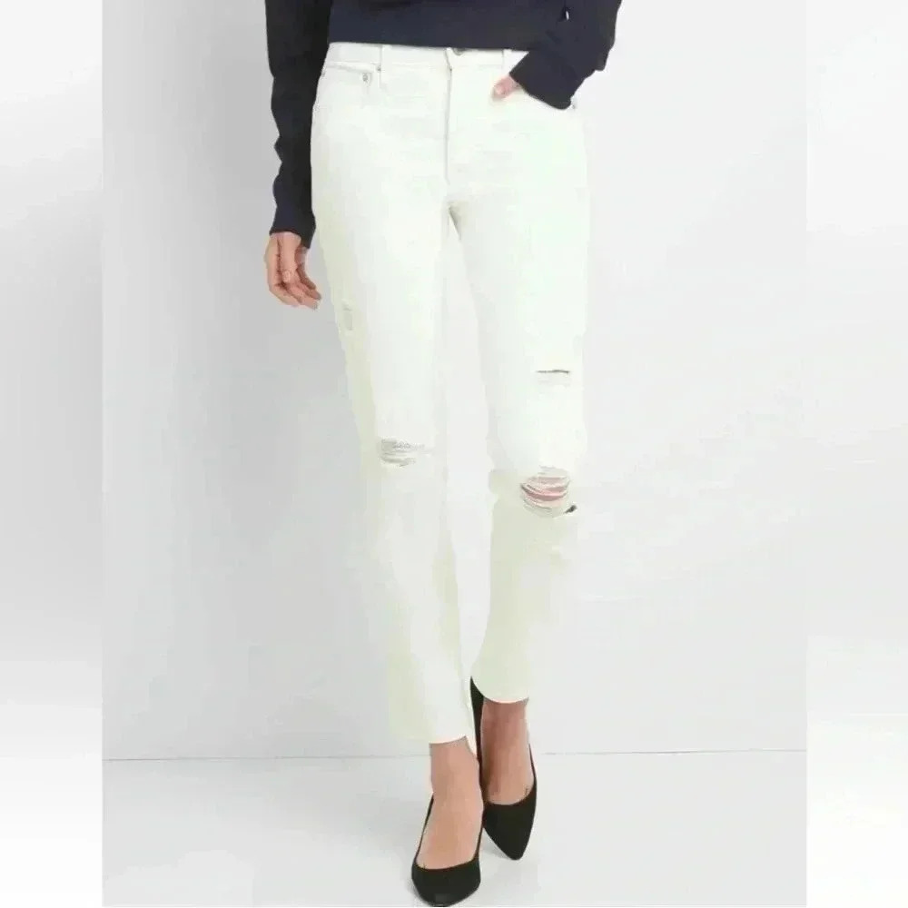 GAP High Rise Slim Straight Leg  Jeans Distressed White Denim Size 25